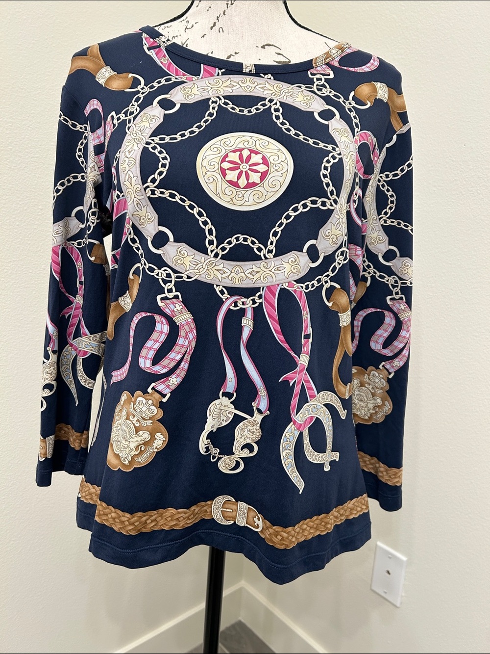 J.McLaughlin Navy Chain & Belt Print 3/4-Sleeve Top